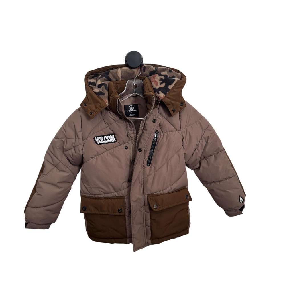 Volcom Puffer Jacket Kids 7 Brown Hooded Camo Fleece Lined Snow Winter Coat